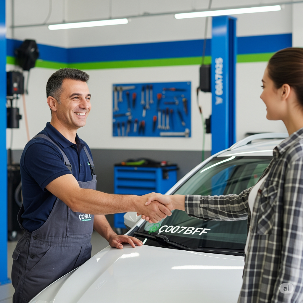 Çorlu oto servis – müşteriyle el sıkışan teknisyen